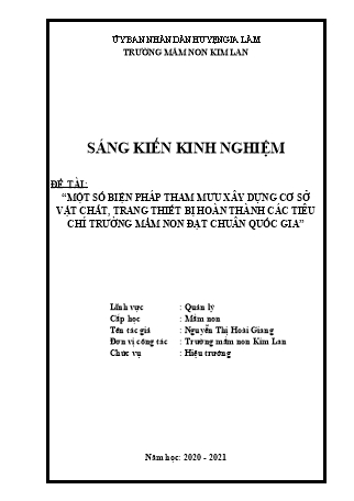 Báo cáo biện pháp Một số biện pháp tham mưu xây dựng cơ sở vật chất, trang thiết bị hoàn thành các tiêu chí trường mầm non đạt chuẩn Quốc gia